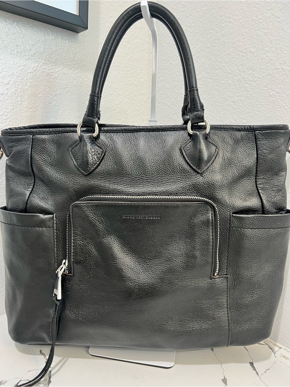 Aimee Kestenberg Black Pebbled Leather Tote Shoulder Bag Silver Hardware Large